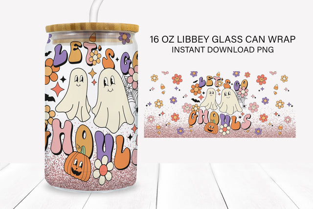 Let's Go Ghouls Halloween 16 oz Libbey Glass Can PNG Sublimation BijouBay 