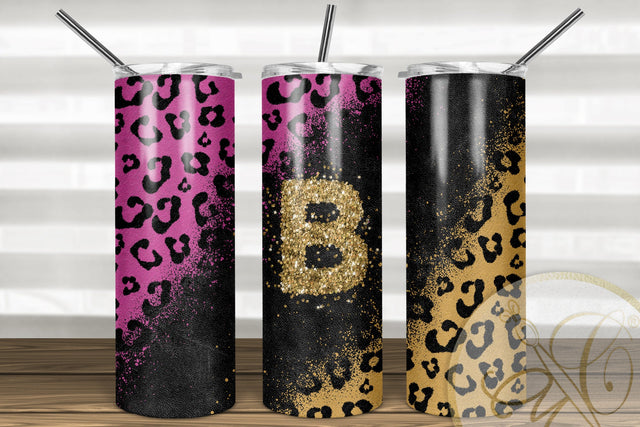 Letter B Leopard and Glitter 20oz Skinny Tumbler Sublimation | Hot Pink Sublimation Marlene Campos 