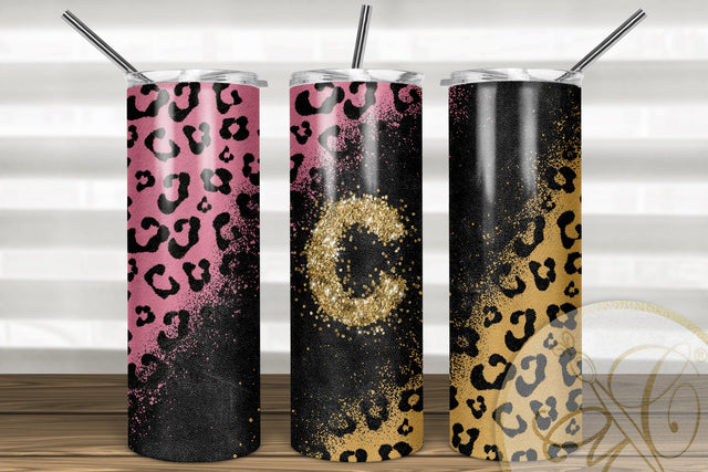 Letter “C” Leopard and Glitter 20oz Skinny Tumbler Sublimation | Blush Pink Sublimation Marlene Campos 