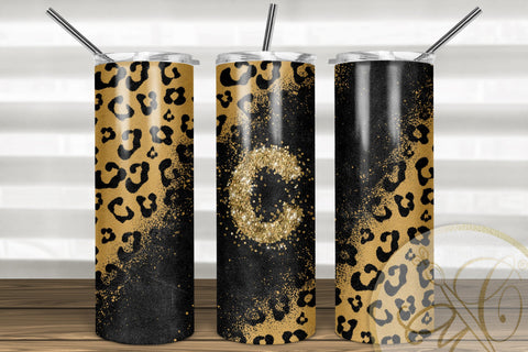 Letter “C” Leopard and Glitter 20oz Skinny Tumbler Sublimation | Natural Leopard Sublimation Marlene Campos 