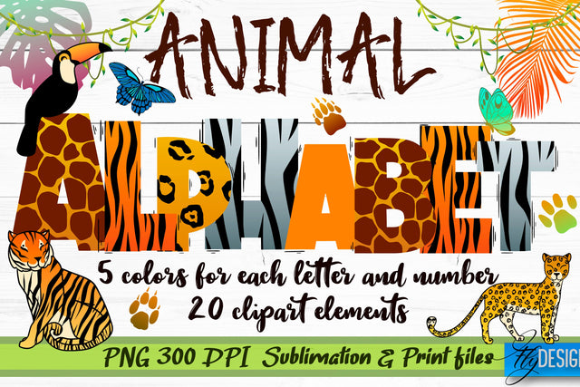 Letters and Numbers with Animal Print | Animals Alphabet PNG Sublimation Fly Design 