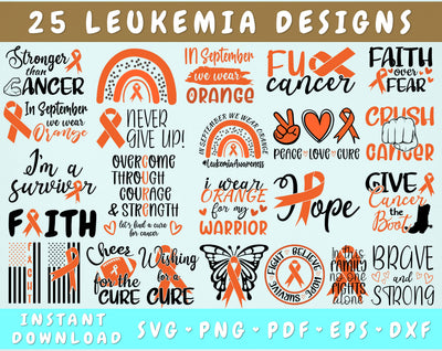 Leukemia Awareness SVG Bundle, 25 Designs, Orange Cancer Ribbon SVG, Leukemia SVG Cut Files SVG HappyDesignStudio 