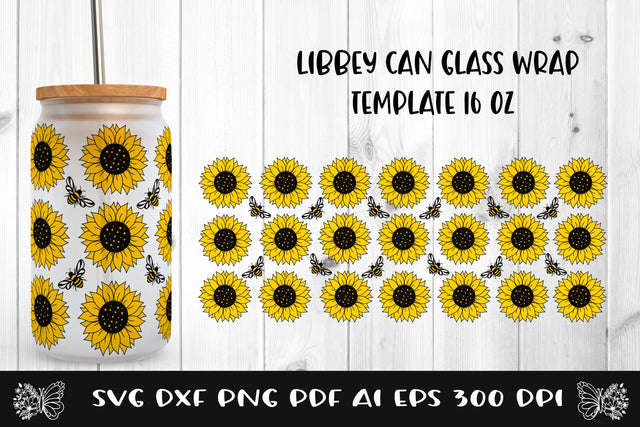 Libbey Can Glass Wrap Sunflower. Can Glass Full Wrap Bee SVG SVG Samaha Design 