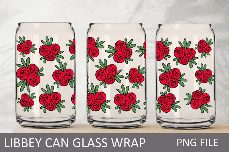 Libbey glass flowers sublimation, 16 oz glass can wrap with red roses Sublimation AnastasiyaArtDesign 