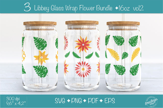 Libbey glass wrap Bundle with Flowers and Leaves. 16 oz glass can wrap. SVG Createya Design 