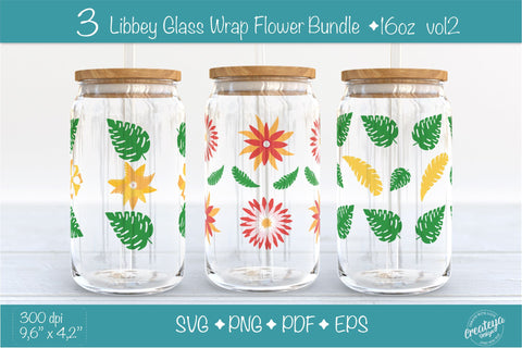 Libbey glass wrap Bundle with Flowers and Leaves. 16 oz glass can wrap. SVG Createya Design 