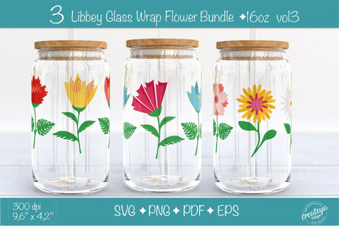 Libbey glass wrap Bundle with groovy Flowers. 16 oz glass can wrap. Retro SVG Createya Design 