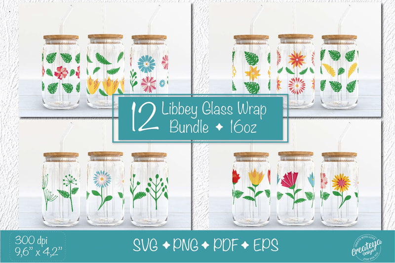 Libbey glass wrap Bundle with Groovy Flowers and Leaves. 16 oz glass can wrap. Summer svg png SVG Createya Design 