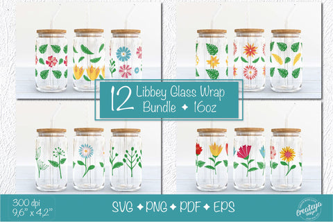 Libbey glass wrap Bundle with Groovy Flowers and Leaves. 16 oz glass can wrap. Summer svg png SVG Createya Design 