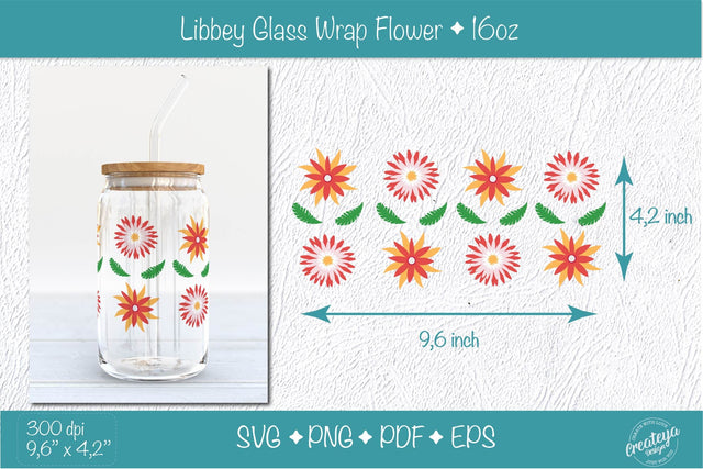 Libbey glass wrap sublimation with Groovy red Flowers SVG Createya Design 