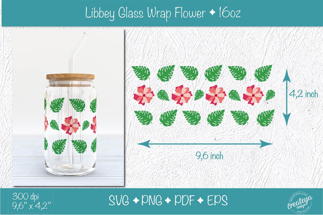 Libbey glass wrap with Groovy Red Flower and Tropical Leaves SVG Createya Design 