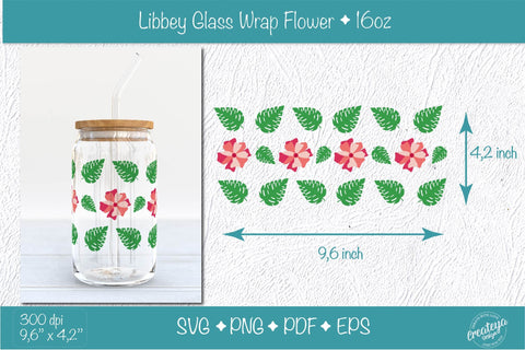 Libbey glass wrap with Groovy Red Flower and Tropical Leaves SVG Createya Design 