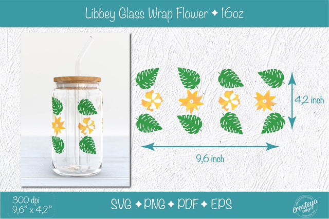 Libbey glass wrap with Groovy Yellow Flower and Tropical Leaves SVG Createya Design 
