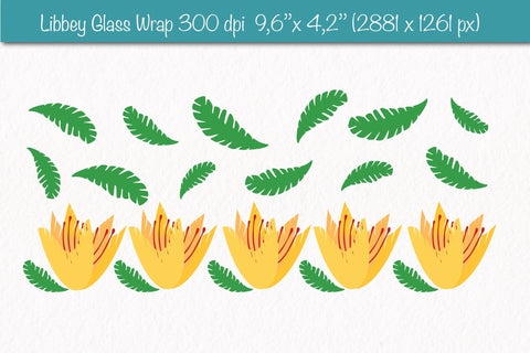 Libbey glass wrap with Groovy Yellow Flowers and Leaves. 16 oz glass can wrap. SVG Createya Design 