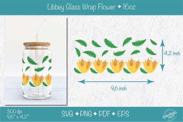 Libbey glass wrap with Groovy Yellow Flowers and Leaves. 16 oz glass can wrap. SVG Createya Design 