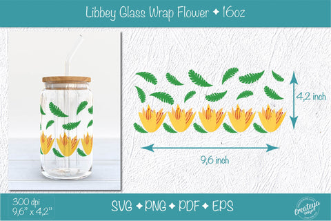 Libbey glass wrap with Groovy Yellow Flowers and Leaves. 16 oz glass can wrap. SVG Createya Design 