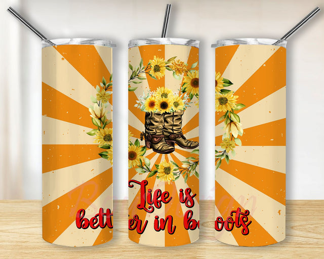 Life is better in boots sunflower boots 20oz Skinny Tumbler Sublimation Designs for Straight, Tapered Tumbler Design, PNG Digital Download Sublimation BouDesign 