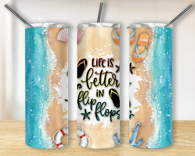 Life is Better In Flip Flops 20oz Skinny Tumbler Png, Flip Flops Beach Summer, Glitter Tumbler Wrap Png, Beach Vacation Tumbler, Girls Trip Sublimation BouDesign 