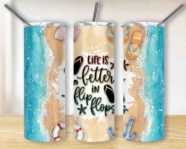 Life is Better In Flip Flops 20oz Skinny Tumbler Png, Flip Flops Beach Summer, Glitter Tumbler Wrap Png, Beach Vacation Tumbler, Girls Trip Sublimation BouDesign 