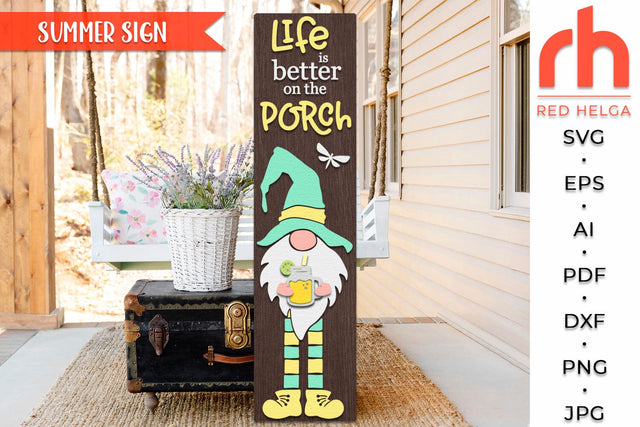 Life is Better on the Porch SVG, Porch Board Cut File, Gnome with Cocktail DXF, Layered Welcome Sign SVG RedHelgaArt 