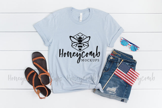 Light Blue 3001 Bella Canvas, Fourth of July Mockup, Patriotic Mockup Mock Up Photo Honeycomb Mockups 