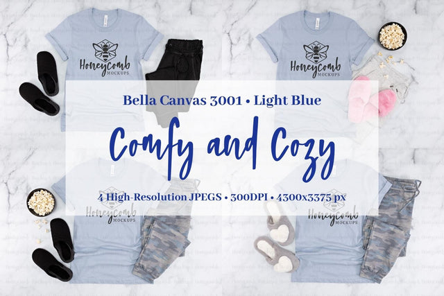 Light Blue Bella Canvas 3001 Mockup Bundle, Women's T-Shirt Mockup, Comfy and Cozy Mockup Mock Up Photo Honeycomb Mockups 