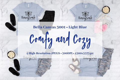 Light Blue Bella Canvas 3001 Mockup Bundle, Women's T-Shirt Mockup, Comfy and Cozy Mockup Mock Up Photo Honeycomb Mockups 