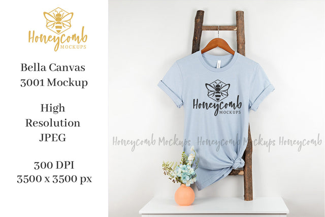 Light Blue Bella Canvas 3001 Mockup, Hanging Ladder Mockup, Women's T-Shirt Mockup Mock Up Photo Honeycomb Mockups 