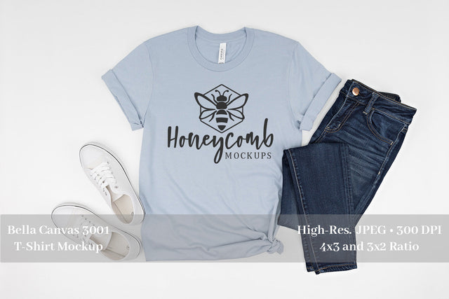 Light Blue Bella Canvas 3001 Mockup, Women's T-Shirt Mockup, Blue T-Shirt Mockup Mock Up Photo Honeycomb Mockups 