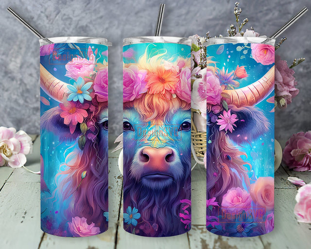 Light Brown Baby Highland Cow With Flowers 20oz Skinny Tumbler Png, Highland Cow Flowers Tumbler, Cow Tumbler, Light Brown Baby Highland Cow Tumbler Sublimation DesignSVG 