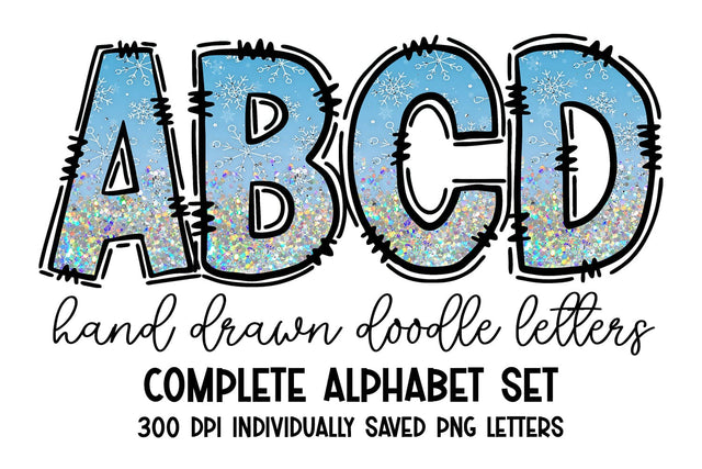 Light Glitter Snowflake Doodle Letters Alphabet Set Sublimation BijouBay 