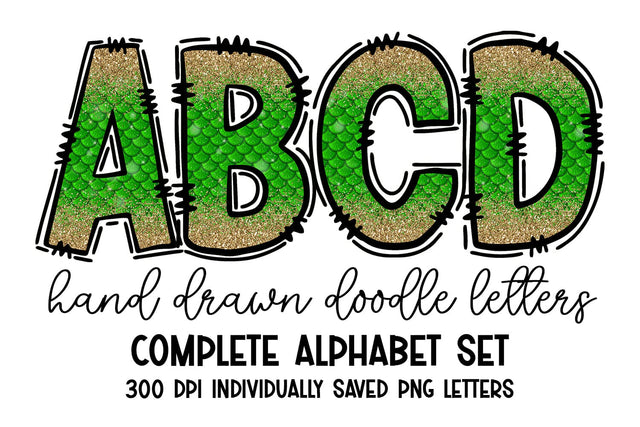 Light Green Mermaid Scales Doodle Letters Alphabet Set Sublimation BijouBay 