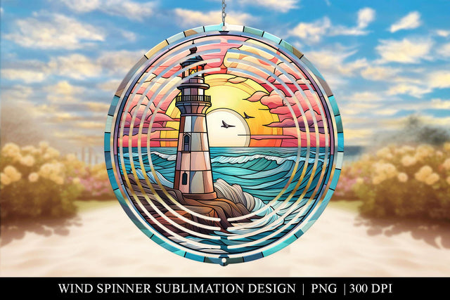 Lighthouse Sunset Beach Wind Spinner Sublimation Design PNG Sublimation BijouBay 