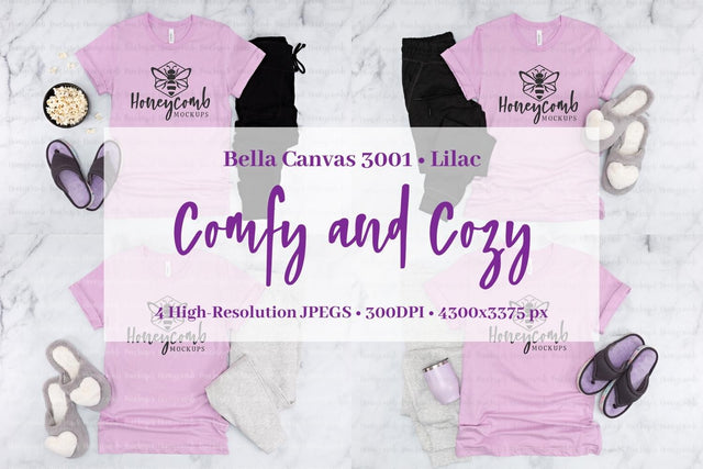 Lilac Bella Canvas 3001 Mockup Bundle, Women's T-Shirt Mockup, Comfy and Cozy Mockup Mock Up Photo Honeycomb Mockups 