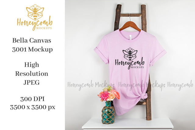Lilac Bella Canvas 3001 Mockup, Hanging Ladder Mockup, Women's T-Shirt Mockup, Summer Mockup Mock Up Photo Honeycomb Mockups 