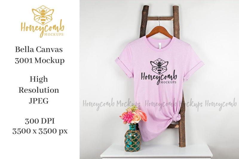 Lilac Bella Canvas 3001 Mockup, Hanging Ladder Mockup, Women's T-Shirt Mockup, Summer Mockup Mock Up Photo Honeycomb Mockups 