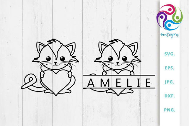 Linear Cat With Heart and Split Monogram Bundle Svg File SVG Sintegra 