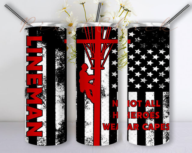 Lineman Sublimation Design Download, Lineman 20oz Skinny Tumbler, American Flag Tumbler PNG Wrap Sublimation Sublimation PixelChick 
