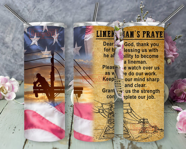Lineman's Prayer American Flag 20oz Skinny Tumbler Png, American Flag Lineman Tumbler, Lineman Tumbler, Lineman Life Tumbler Sublimation DesignSVG 