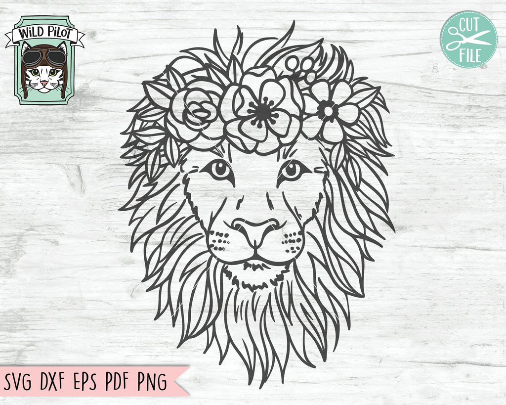 Lion SVG File, Lion With Flower Crown SVG, Lion Cut File, Animal Face ...