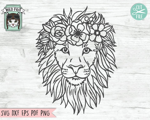 Lion SVG File, Lion With Flower Crown SVG, Lion Cut File, Animal Face SVG, Floral Crown SVG, Lion With Flowers On Head Cut File, Cute Lion Face SVG File SVG Wild Pilot 