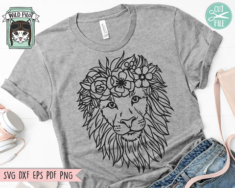 Lion SVG File, Lion With Flower Crown SVG, Lion Cut File, Animal Face SVG, Floral Crown SVG, Lion With Flowers On Head Cut File, Cute Lion Face SVG File SVG Wild Pilot 