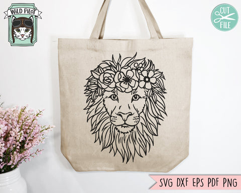 Lion SVG File, Lion With Flower Crown SVG, Lion Cut File, Animal Face SVG, Floral Crown SVG, Lion With Flowers On Head Cut File, Cute Lion Face SVG File SVG Wild Pilot 