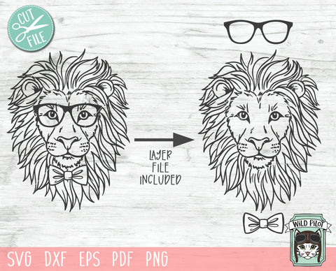 Lion SVG File, Lion With Glasses Bowtie SVG, Lion Cut File, Animal Face SVG, Cute Boy Lion SVG, Cute Lion Face SVG, Lion Eyeglasses and Tie SVG SVG Wild Pilot 