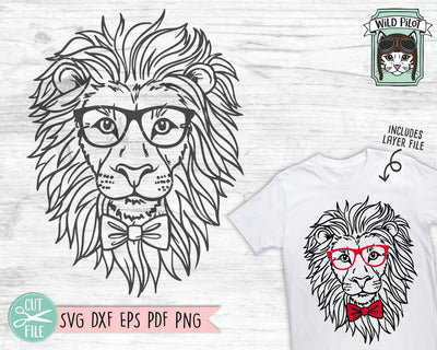 Lion SVG File, Lion With Glasses Bowtie SVG, Lion Cut File, Animal Face SVG, Cute Boy Lion SVG, Cute Lion Face SVG, Lion Eyeglasses and Tie SVG SVG Wild Pilot 