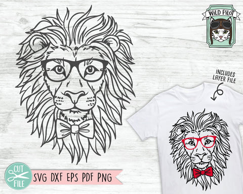 Lion SVG File, Lion With Glasses Bowtie SVG, Lion Cut File, Animal Face SVG, Cute Boy Lion SVG, Cute Lion Face SVG, Lion Eyeglasses and Tie SVG SVG Wild Pilot 