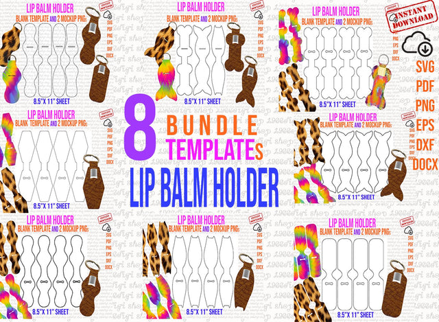 Lip Balm Holder Bundle Template, Chapstick Holder Keychain, 8 Templates, Lip Bllm Labels Svg, Custom lip balm Labels, Dxf, Svg, Docx SVG 1966digi 