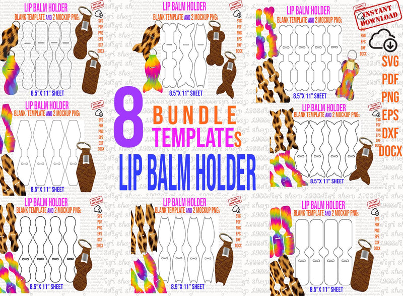 Lip Balm Holder Bundle Template, Chapstick Holder Keychain, 8 Templates, Lip Bllm Labels Svg, Custom lip balm Labels, Dxf, Svg, Docx SVG 1966digi 