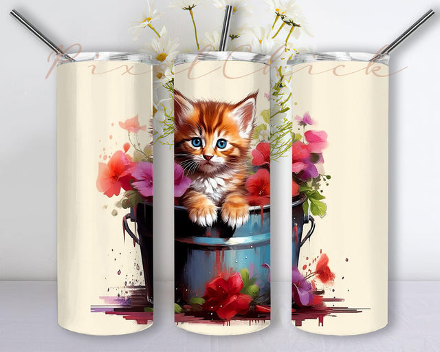 Little Kitten In The Pot With Flowers 20oz Skinny Tumbler Png, Kitten Flowers Tumbler, Cat Tumbler, Printable Tumbler Wrap, Cat Lover Tumbler Sublimation PixelChick 