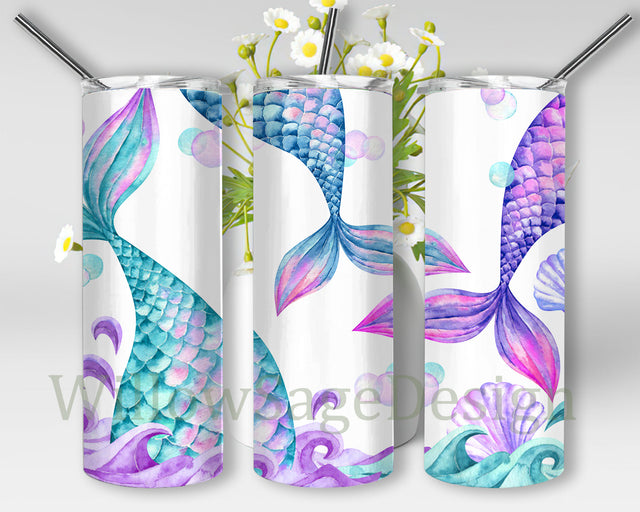 Little Mermaid Tail 20oz Skinny Tumbler, Watercolor Mermaid Tail Tumbler Wrap, Mermaid Scales Tumbler Design, Mermaid Sublimation Design, Digital Download Sublimation WillowSageDesign 
